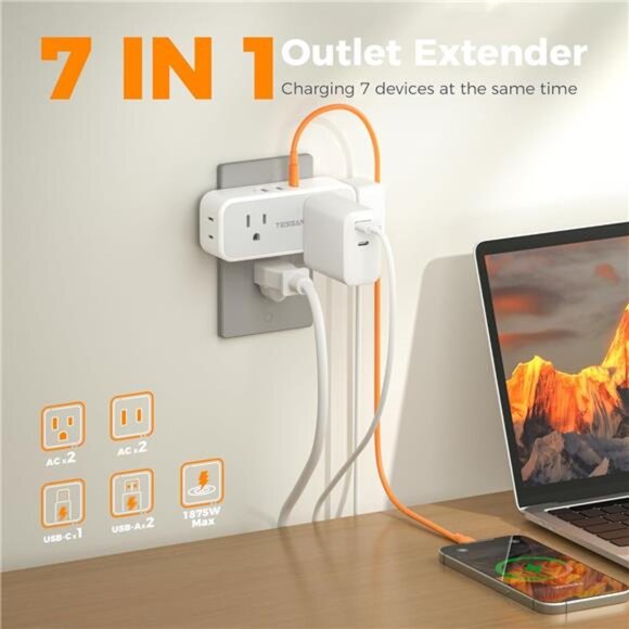Surge Protector Outlet Extender, TESSAN Multi Plug Outlet Splitter with 4 - Picture 2 of 7